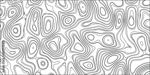 Abstract black and white topographic contour lines creating a complex organic pattern with swirling shapes and interconnected organic forms on a white background, perfect for design elements and