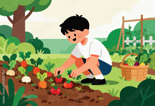 A cheerful child harvests vegetables in a lush garden with a basket of produce