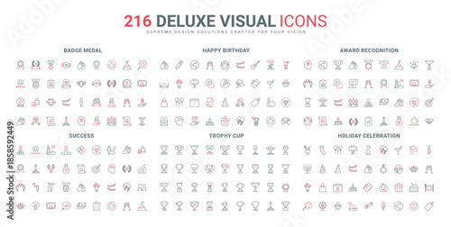 Gold cup award and medal, ribbon and decoration of holiday celebration line icon set. Success leadership, premium prize badge, medallion thin black and red outline symbols vector illustration