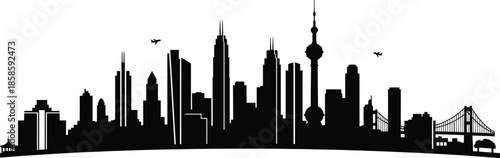 Silhouette of a city skyline is depicted against a stark white background