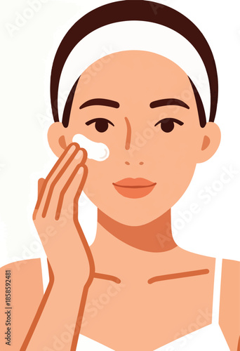 Woman applying cream to face with headband