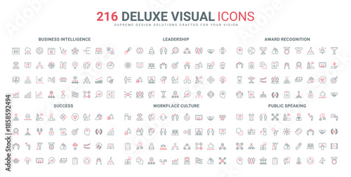 Speech presentation, success business organization and leadership, award of merit line icon set. Office workplace and environment, champ reward thin black and red outline symbols vector illustration