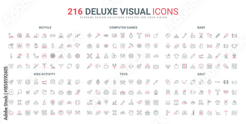 Kids games and sport activity, leisure line icon set. Baby food and clothes, bicycle and golf equipment, computer and headphones, mobile app thin black and red outline symbols vector illustration