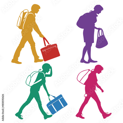 Silhouettes of people carrying bags
