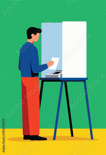 Person casting vote at a polling booth with a ballot