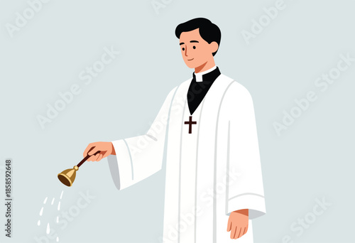 Clergyman in white robe ringing bell and sprinkling water with a cross necklace