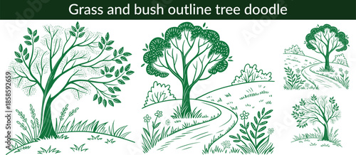 Grass and bush outline tree doodle for lawn vector cute landscape with hand drawn plant and minimal silhouette. Greenery line art for jungle, park and garden. Cartoon sketch and scribble vector set.
