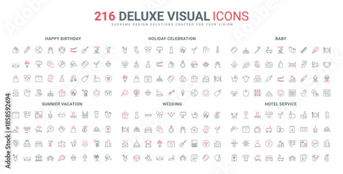 Hotel and hostel room services, tropical vacation and honeymoon, baby care line icon set. Wedding and birthday party, public event celebration thin black and red outline symbols vector illustration