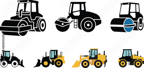 Construction road roller icons set in black and white silhouettes and colored styles, heavy construction machinery vector illustration collection
