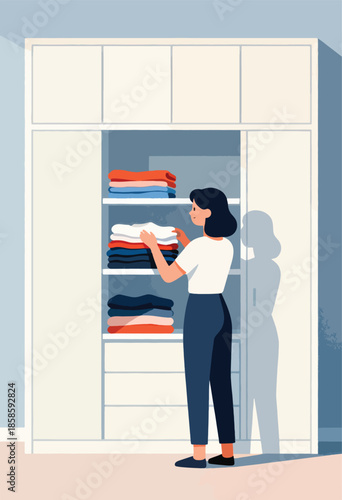 Woman organizing neatly folded colorful clothes inside a tall wardrobe