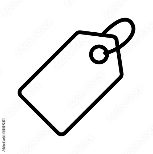 A simple black outline of an empty price tag with a loop for attachment, suitable for labeling items.