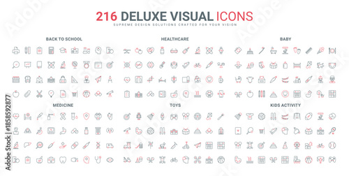 Medical devices and doctor examination, education and study at school, toys line icon set. Care for child and family health, drug therapy, mindset thin black and red outline symbol vector illustration