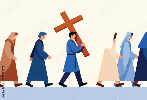 Figures in robes walk in procession, one carrying a cross