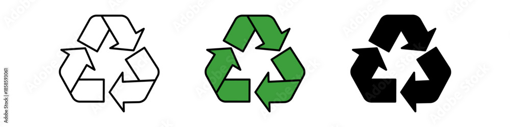 Fototapeta premium Set of three recycling symbols in black, green, and white, representing sustainable practices and environmental awareness.