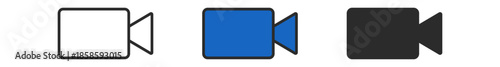 Three variations of a video camera icon: white, blue, and black, showcasing modern design and versatility.