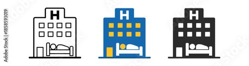 Stylized hospital icons in three color variations showcasing healthcare services.