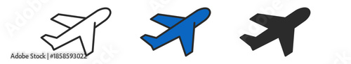 Stylized airplane icons in white, blue, and black designs, showcasing simplicity and versatility.