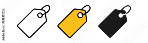 Three distinct price tags in black, white, and yellow, showcasing minimalistic designs, ideal for online retail or promotions.
