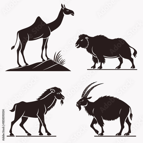 Silhouettes of various horned animals