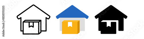 Three distinct icons representing home delivery packages in varying styles.