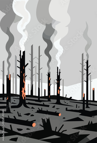 Charred trees with smoke billowing into a grey sky amidst debris