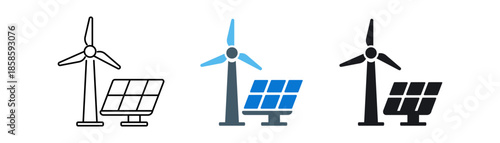 Vector icons featuring wind turbines and solar panels representing renewable energy solutions.