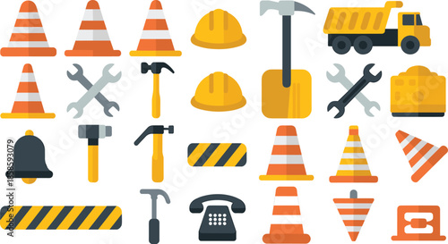 Construction tools and safety equipment icons set, flat design construction elements including helmets, cones, truck and tools vector