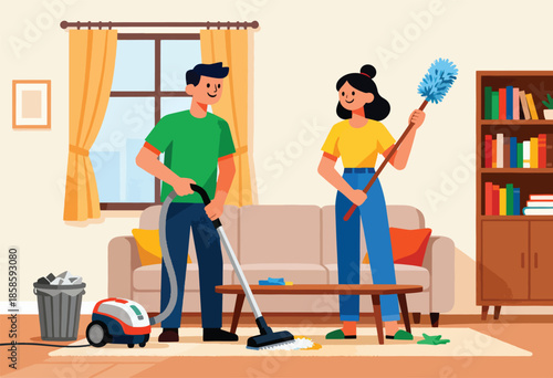 Couple cleaning living room Man vacuums, woman dusts with feather duster