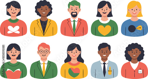 a diverse collection of illustrated people showcasing various ethnicities hairstyles and clothing styles depicted in a flat vector design style high quality