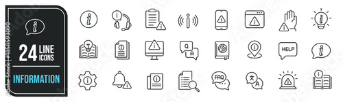 Information Line Icons Set with Question and Answer, Help Support, Settings, Notification, Faq, Document Search, Translate, Caution and Warning Isolated on White Background Vector Illustration