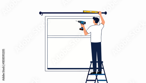 Man using drill and level to install curtain rod