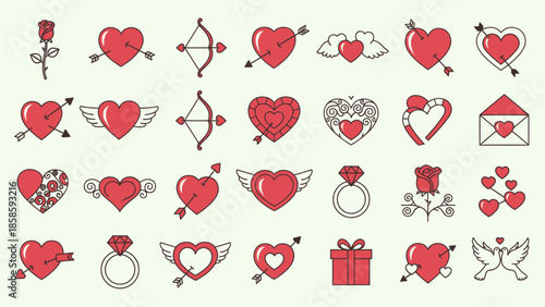 Set of Red Love and Wedding Icons with Hearts and Arrows on Light Green Background, Romantic Relationship and Marriage Symbols for Valentine's Day