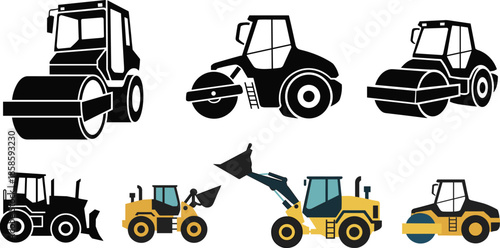 Construction road roller icons set in black and white silhouettes and colored styles, heavy construction machinery vector illustration collection