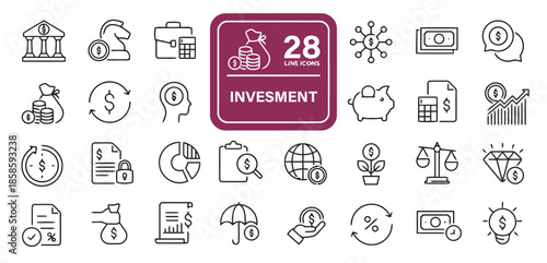 Investment line icons set finance and money management with piggy bank and coin flat vector illustration concept