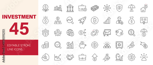 Investment icons set isolated on white background finance and business development fund management wealth creation and growth planning vector illustration