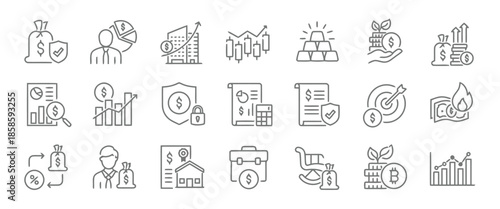 Investment Thin Line Icons Set Money Bag Shield Investment Analysis Buildings Financial Chart Gold Bars Growth Coins Report Protection Calculator