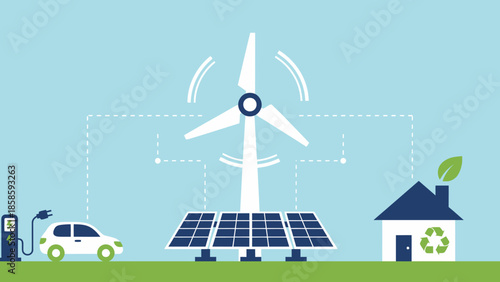 Green Energy Concept with Wind Turbine, Solar Panels, Electric Car, and Eco House, Sustainable Living and Renewable Power Illustration