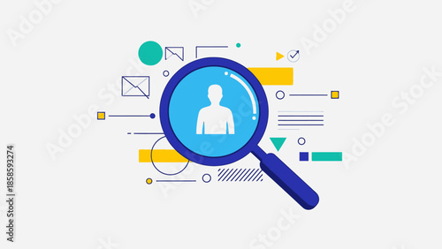 Magnifying Glass Searching for Person Icon with Network Connections on Bright Studio Background, User Recruitment or Human Resources Search Concept, Data Analysis