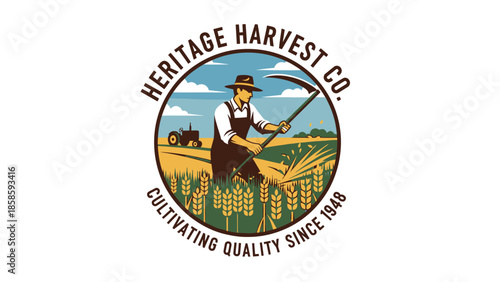 Vintage Farm Logo with Farmer and Tractor in Harvest Field, Heritage Harvest Co. Emblem Design, Cultivating Quality