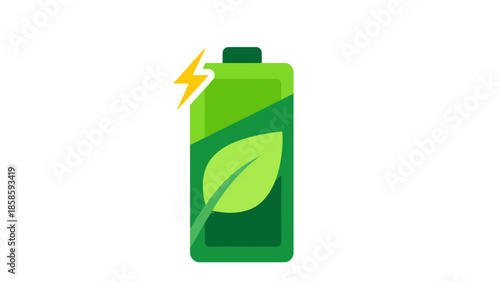 Green Battery with Leaf and Lightning Bolt Icon, Eco-Friendly Charging Power