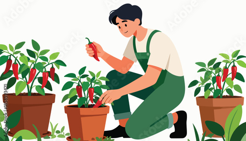 Gardener tending to potted red chili peppers