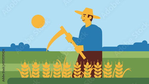 Happy Farmer Harvesting Wheat in Sunny Field, Rural Landscape