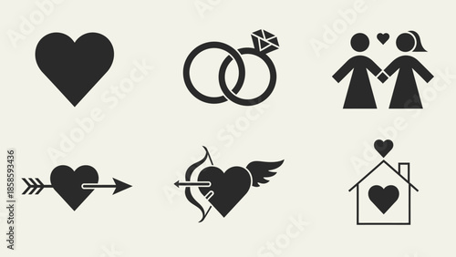 Monochrome collection of love and wedding icons, featuring hearts, wedding rings, a couple, and a home, on a light gray background.