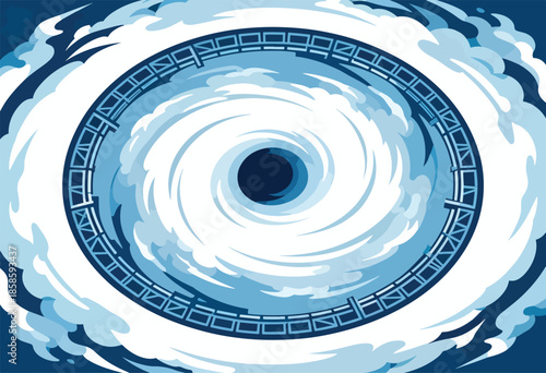 Swirling blue clouds surround a dark center, framed by a circular structure