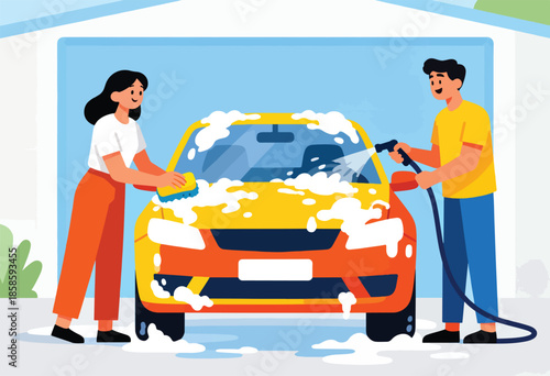 Couple washing a yellow car, with suds, hose, and sponge