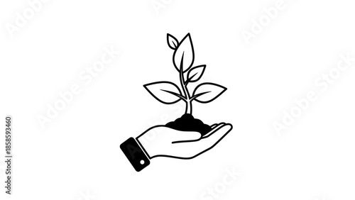 Hand Holding Young Plant Silhouette Icon, Isolated White Background