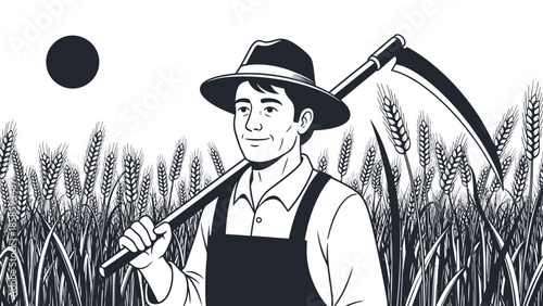 Smiling farmer carrying a scythe over his shoulder, standing proudly in a traditional wheat field, monochrome illustration.