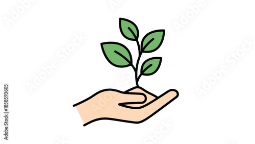 Human hand gently holding a small green plant with soil, symbolizing growth and environmental care, isolated white background.