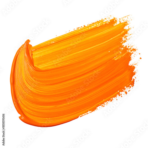 A vivid, textured, diagonal brushstroke of bright orange paint against a stark black background