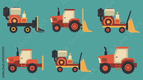Set of Agricultural Tractors and Machinery Flat Design on Teal Background